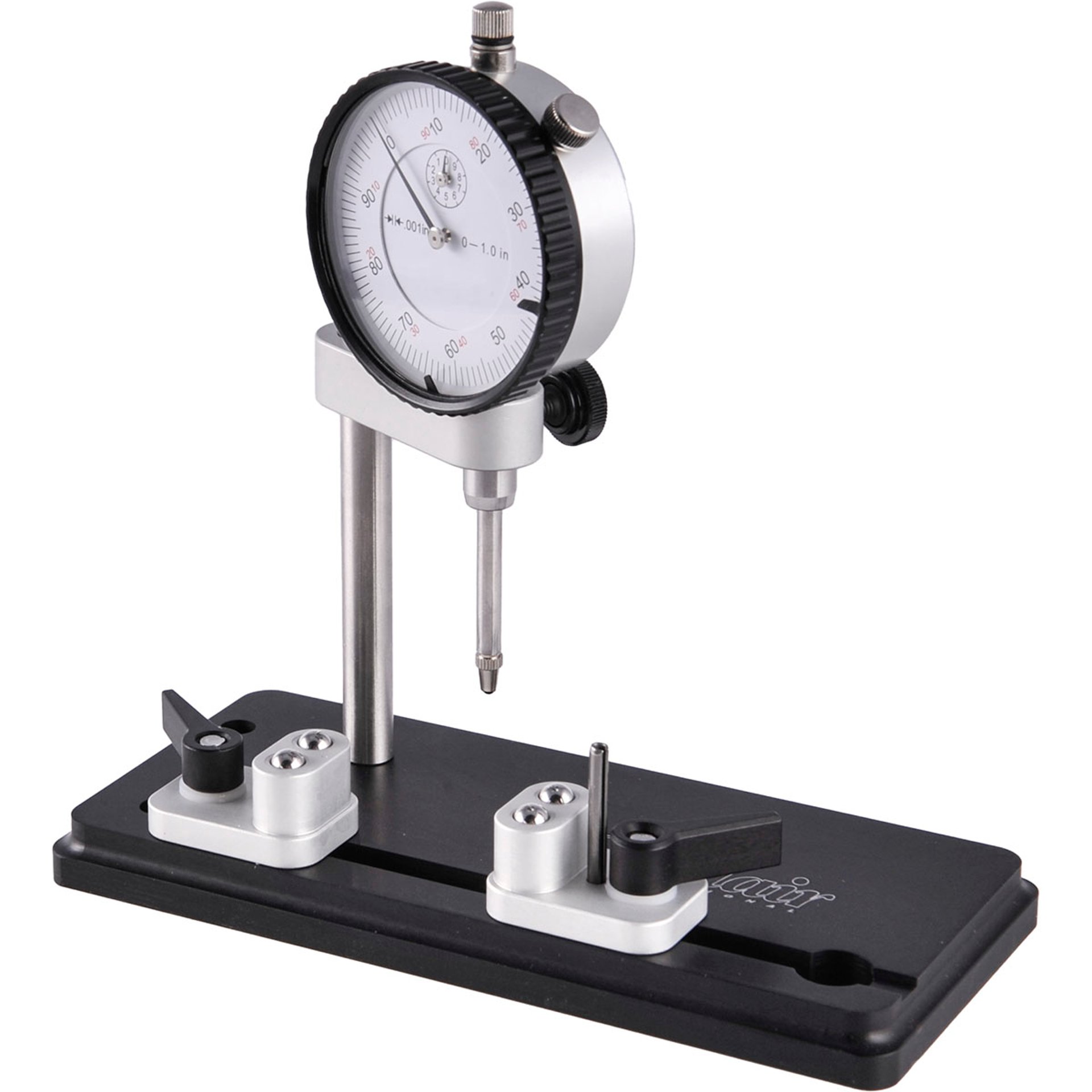 Dial indicator gauge mounted on a black aluminum base with adjustable stops, reading 0 to 1.0 inches in 0.001-inch increments.