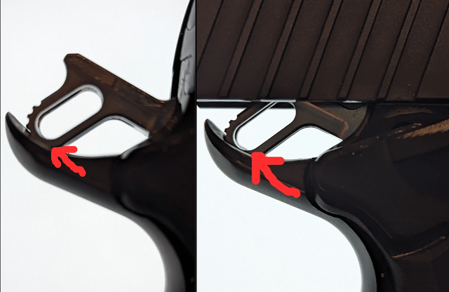 Close-up split image comparing two 1911-style trigger assemblies, with red arrows pointing to the disconnector engagement area on each.