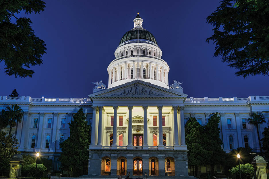 California State Capitol building illuminated at night, Sacramento