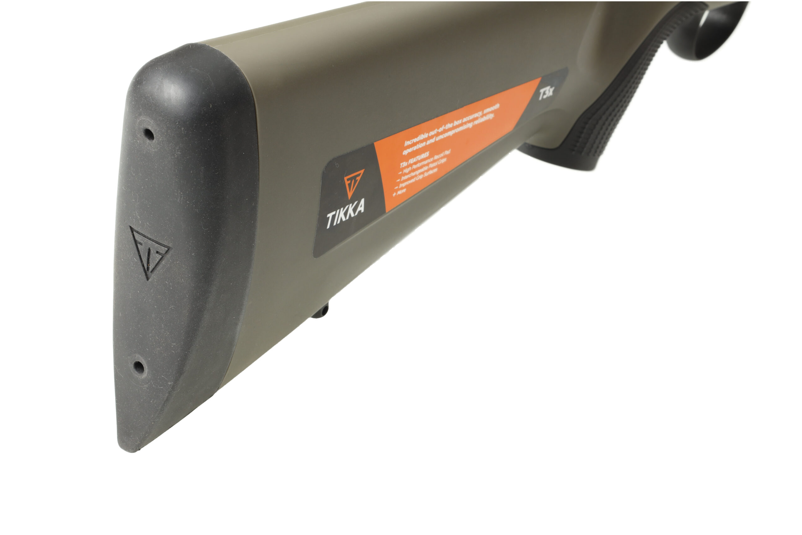 Tikka T3x rifle butt stock with black recoil pad and olive drab synthetic stock, product label visible