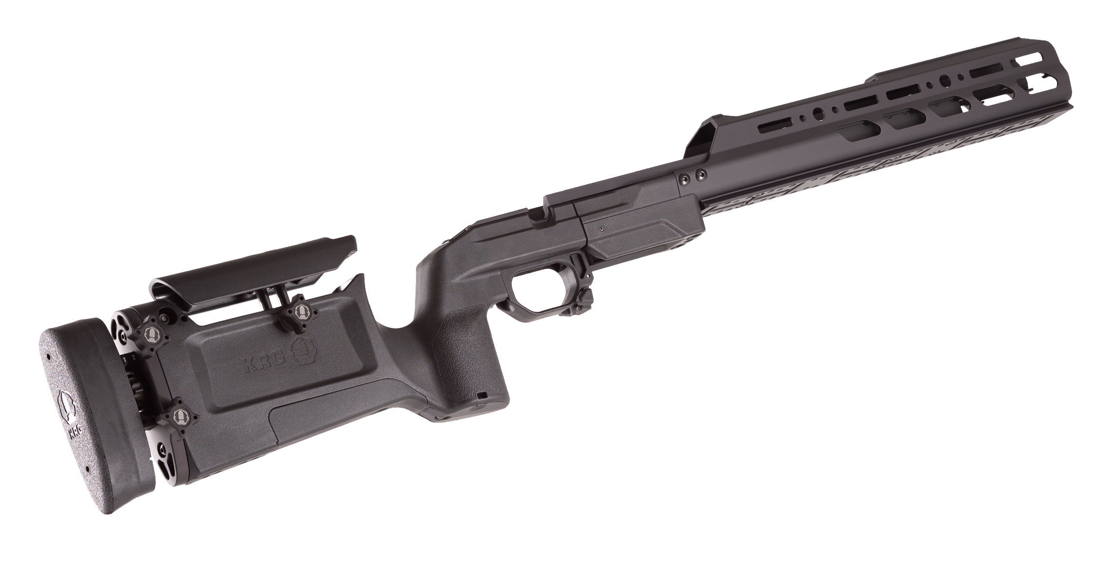 KRG precision rifle chassis with M-LOK forend and adjustable buttstock, compatible with Tikka T3x actions