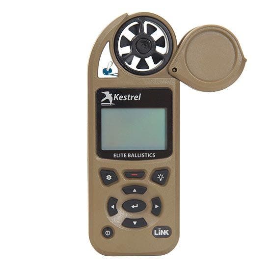 Kestrel Elite Ballistics weather meter in tan, showing LCD display, impeller fan, and LiNK wireless connectivity button.