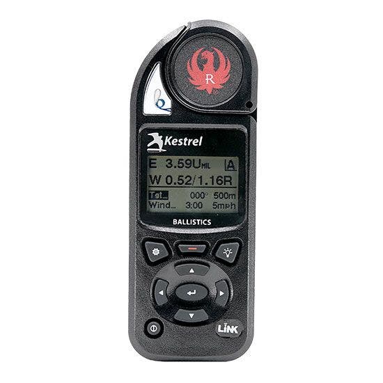Kestrel 5700 Elite ballistic weather meter displaying elevation and windage firing solution data on its LCD screen