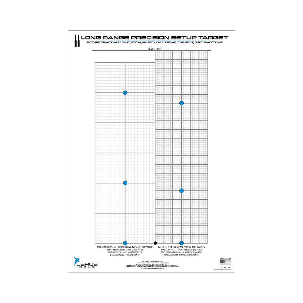 Cerus Gear long range precision setup target with mil-radian and MOA grid sections, blue aiming dots, and level line for scope tracking validation at 100 yards.