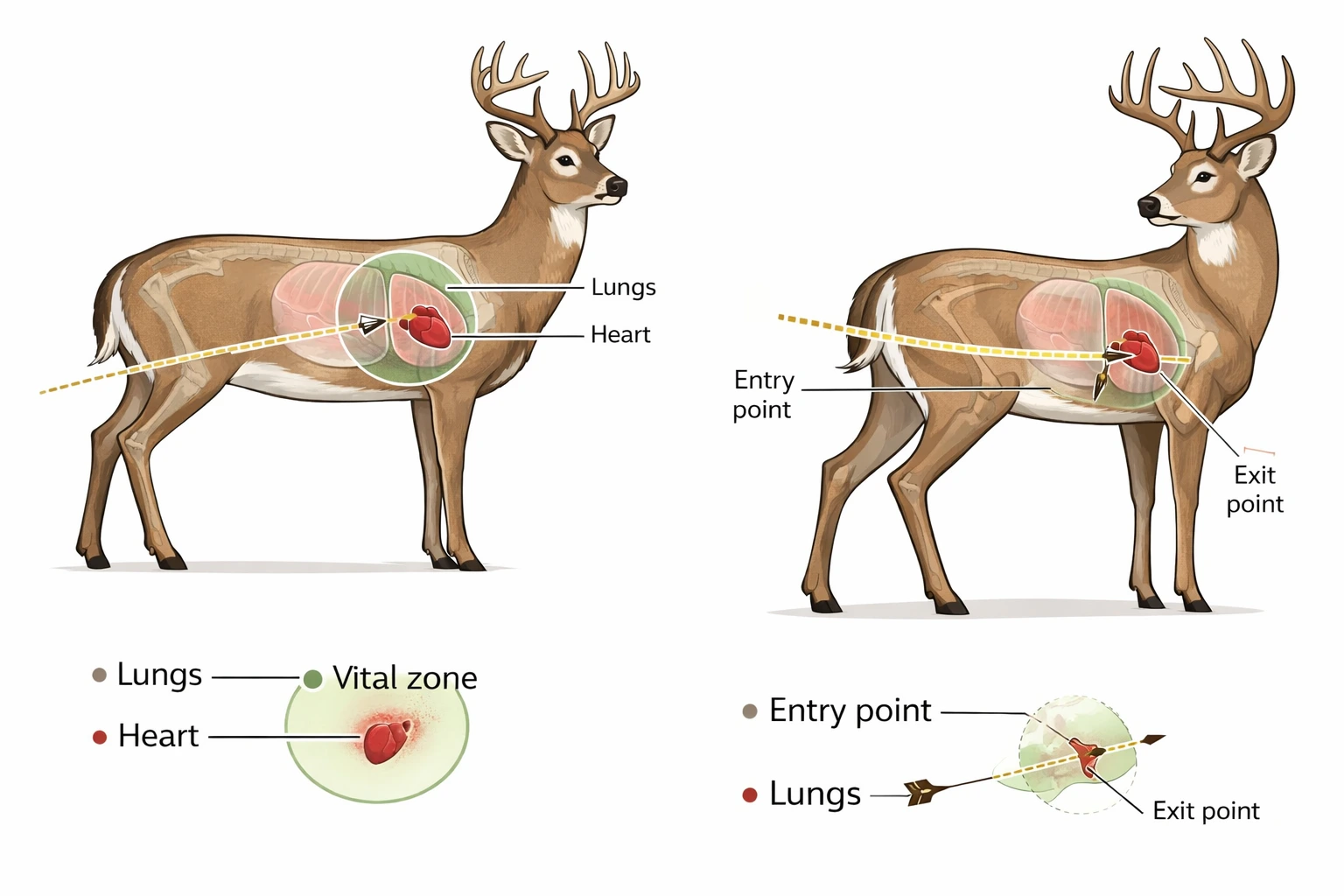 Anatomical diagram of a whitetail deer showing the heart and lung vital zone with labeled entry and exit points for a broadside shot.