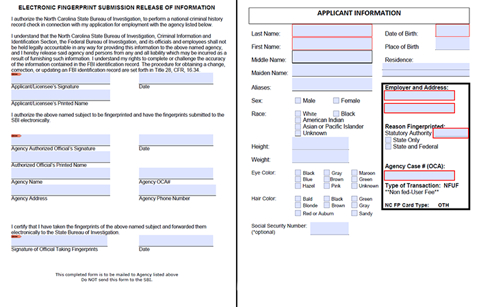 Electronic fingerprint submission release of information form with applicant information fields including Agency Case Number OCA and transaction type fields highlighted.