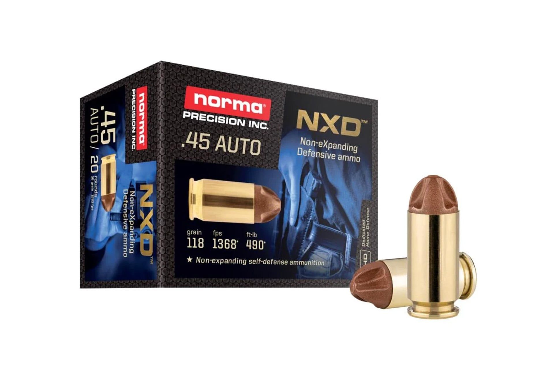 Box of Norma Precision NXD .45 Auto 118-grain non-expanding defensive ammunition with two loose cartridges displayed beside it.