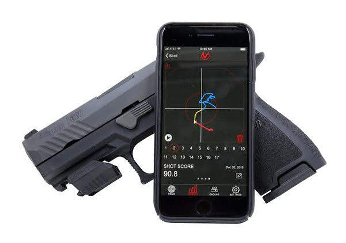 SIG Sauer P320 pistol next to smartphone displaying dry-fire marksmanship training app with shot score 90.8