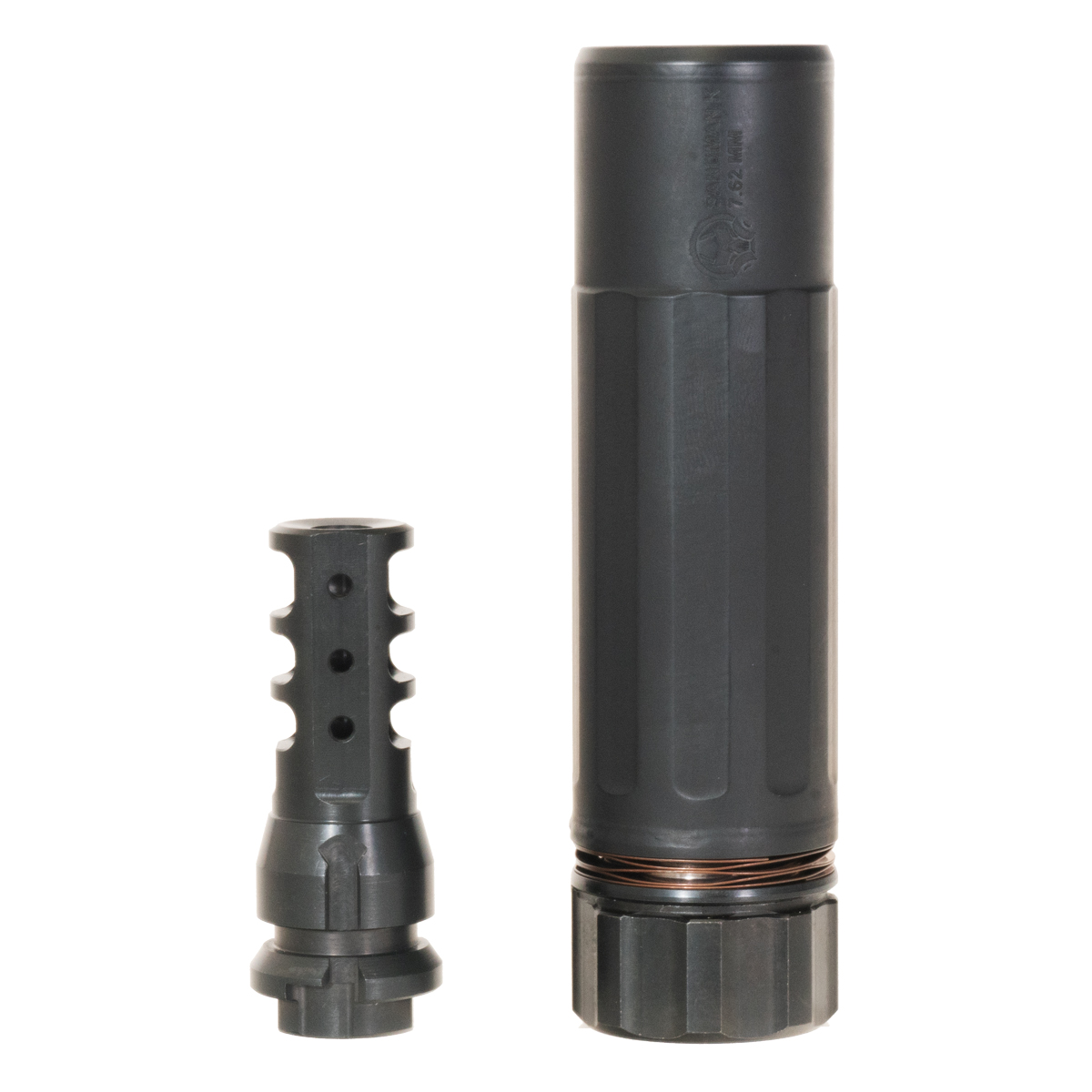 A black 7.62mm suppressor and a matching quick-detach muzzle brake/mount adapter shown separated on a white background.