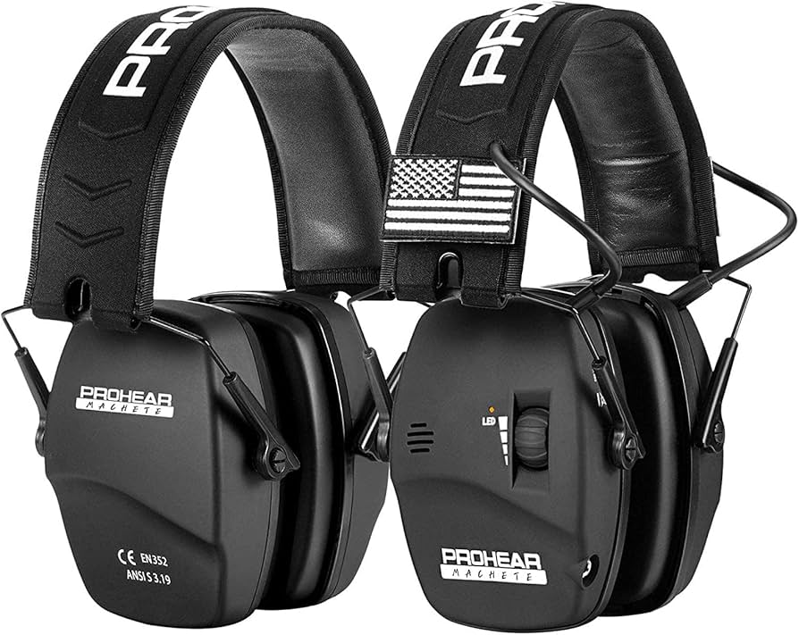 Two PROHEAR Machete electronic hearing protection earmuffs shown front and back, black with American flag patch on headband.