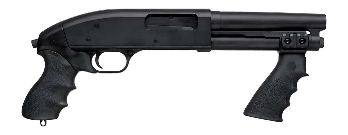 Serbu Super Shorty pump-action shotgun with pistol grip and forend grip, matte black finish, shown in profile against white background.