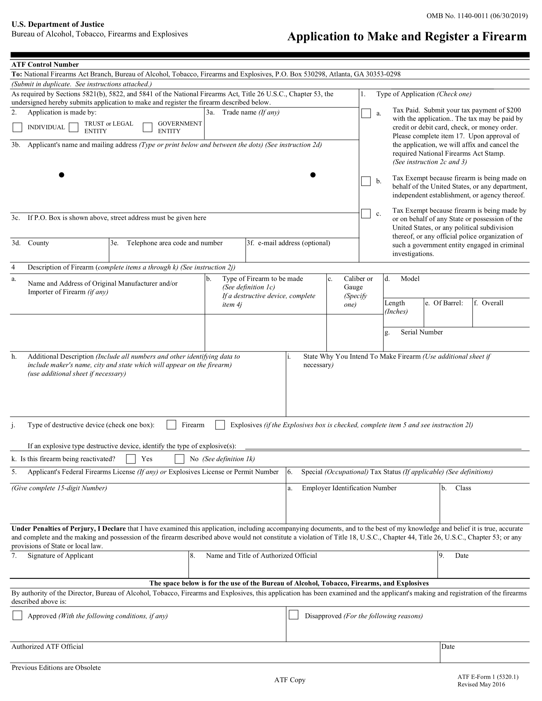 Blank ATF Form 1, Application to Make and Register a Firearm, issued by the Bureau of Alcohol Tobacco Firearms and Explosives
