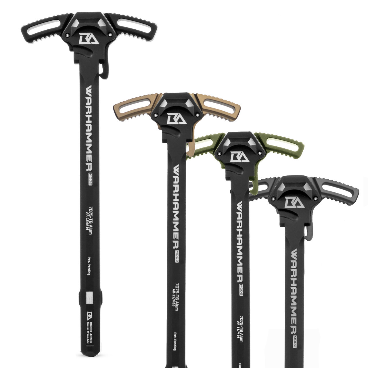 Four Breek Arms Warhammer Mod2 AR-15 charging handles arranged in a staggered row, showing black, flat dark earth, OD green, and gray latch color options.