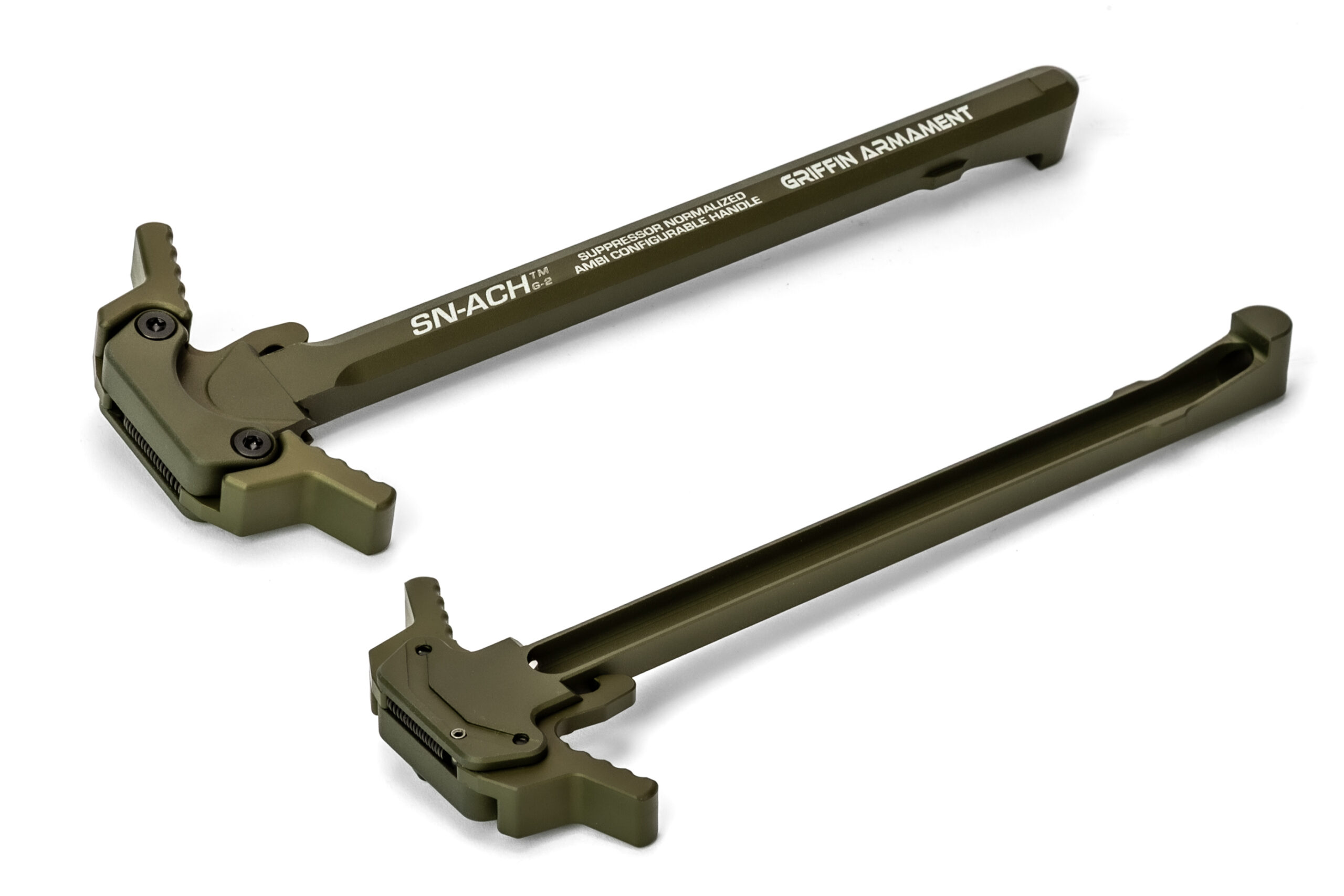 Two Griffin Armament SN-ACH G-2 ambidextrous charging handles in olive drab finish, shown from both sides against a white background.