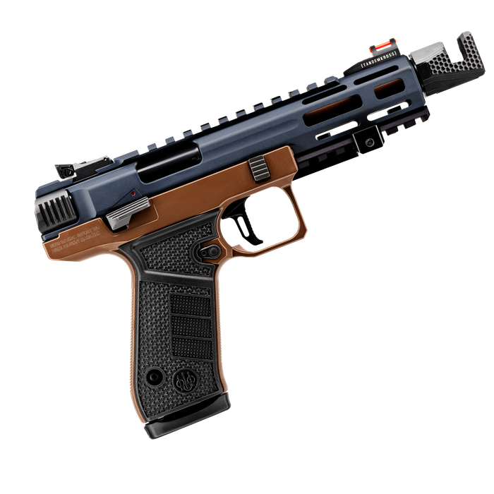 Beretta B22 Jaguar rimfire pistol shown in profile with blue slide, bronze frame, textured black grip, M-LOK slots, and threaded barrel.