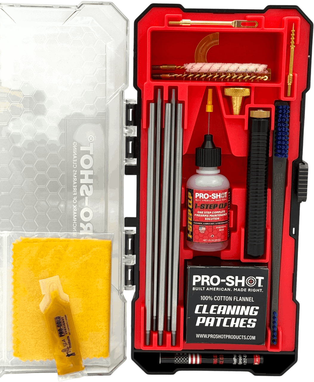 Pro-Shot firearms cleaning kit open in its red molded case, showing cleaning rods, brushes, CLP bottle, cotton patches, and a silicone cloth.