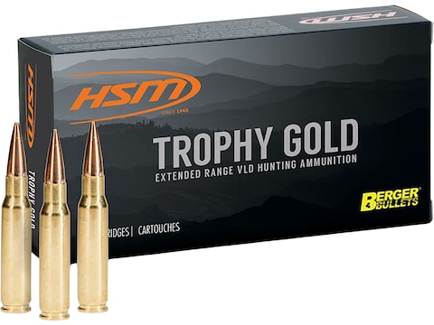 Box of HSM Trophy Gold Extended Range VLD Hunting Ammunition with three brass cartridges displayed in front, showing Berger Bullets branding.