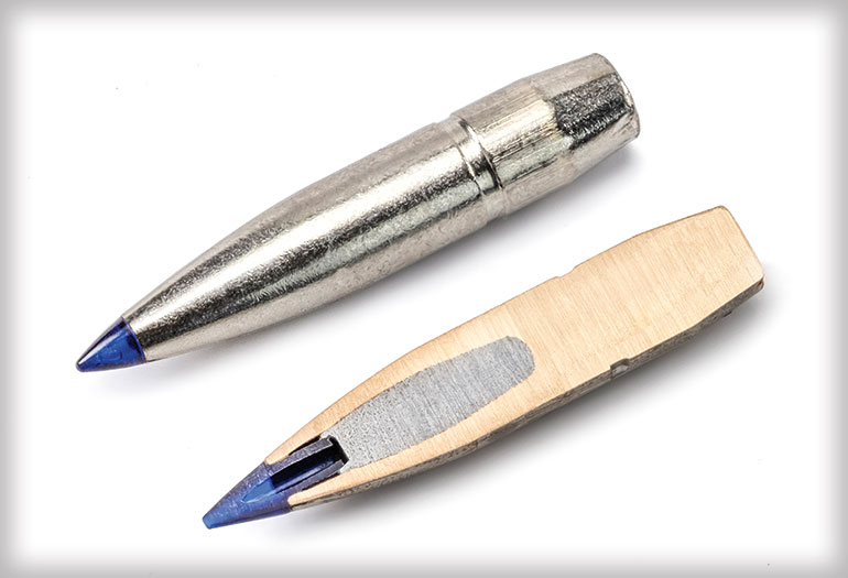 Two rifle bullets side by side, one whole and one cut in cross-section showing internal bonded core construction and blue polymer tip.