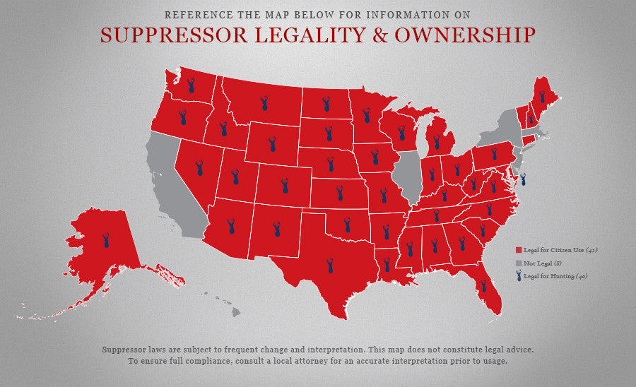US map showing suppressor legality by state: 42 states legal for citizen use, 40 legal for hunting, 8 not legal.