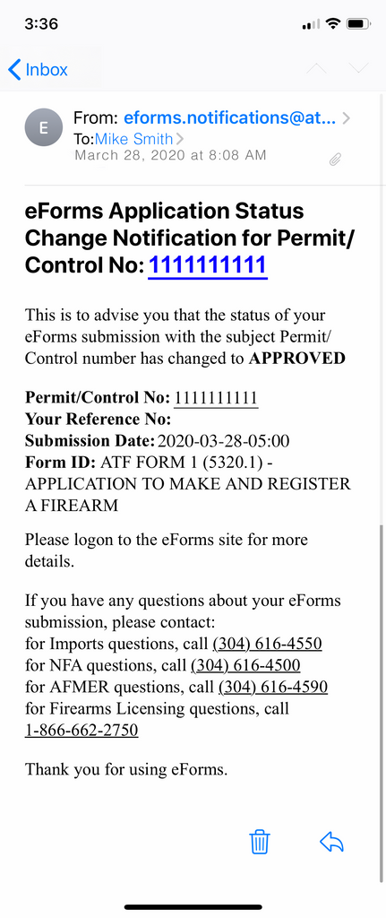 ATF eForms email notification showing an approved Form 1 application to make and register a firearm, dated March 2020.