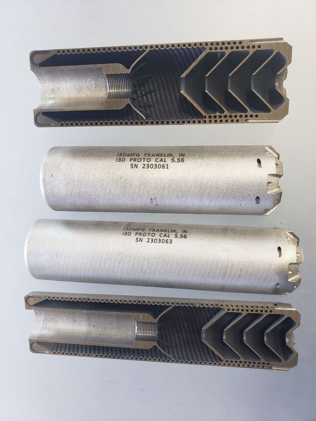 Cutaway and assembled 5.56 cal suppressors by I3DMFG showing internal chevron baffle stack, Franklin IN