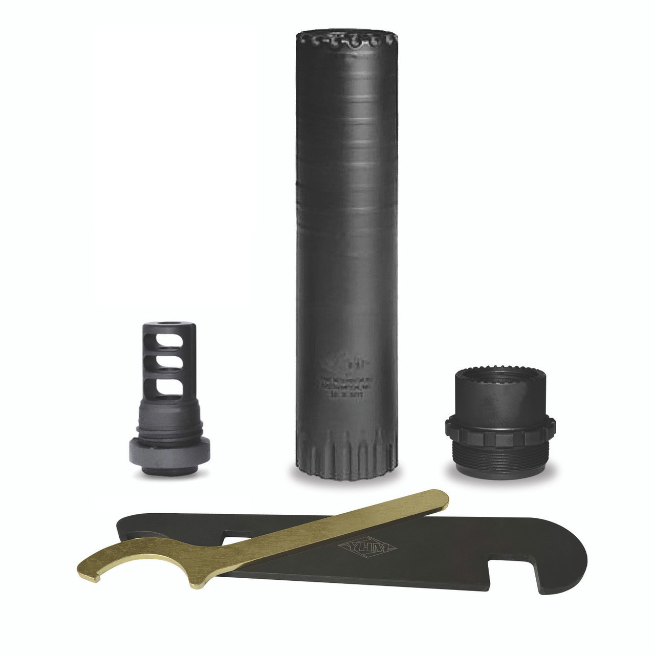 YHM Resonator R2 suppressor kit with muzzle brake, end cap, and two spanner wrenches on white background