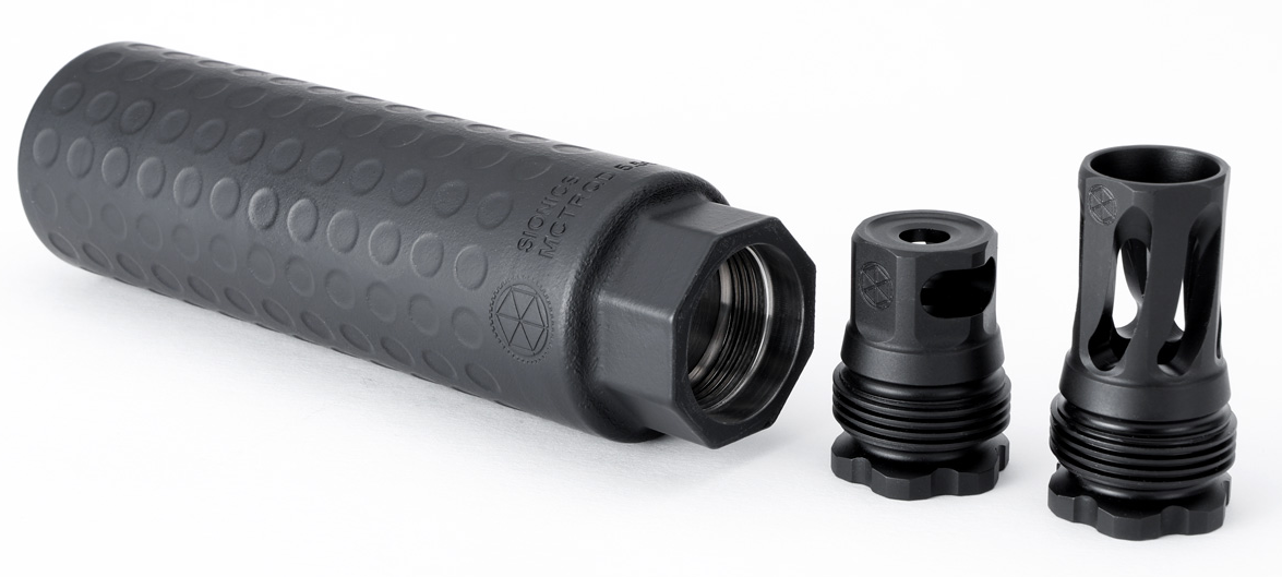 Sig Sauer suppressor with two QD muzzle devices laid out on white background, showing direct-thread and flash hider mount options.