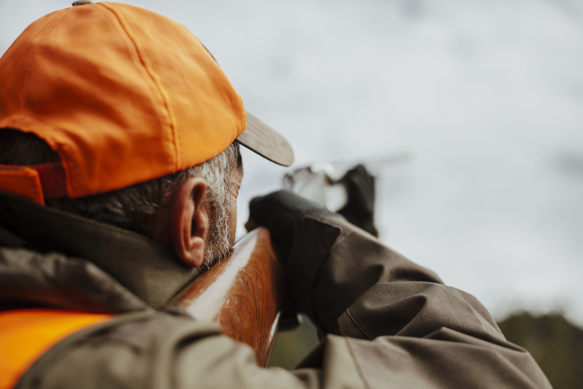 Hunter in blaze orange cap and vest aiming a wood-stocked shotgun skyward during a bird hunt.