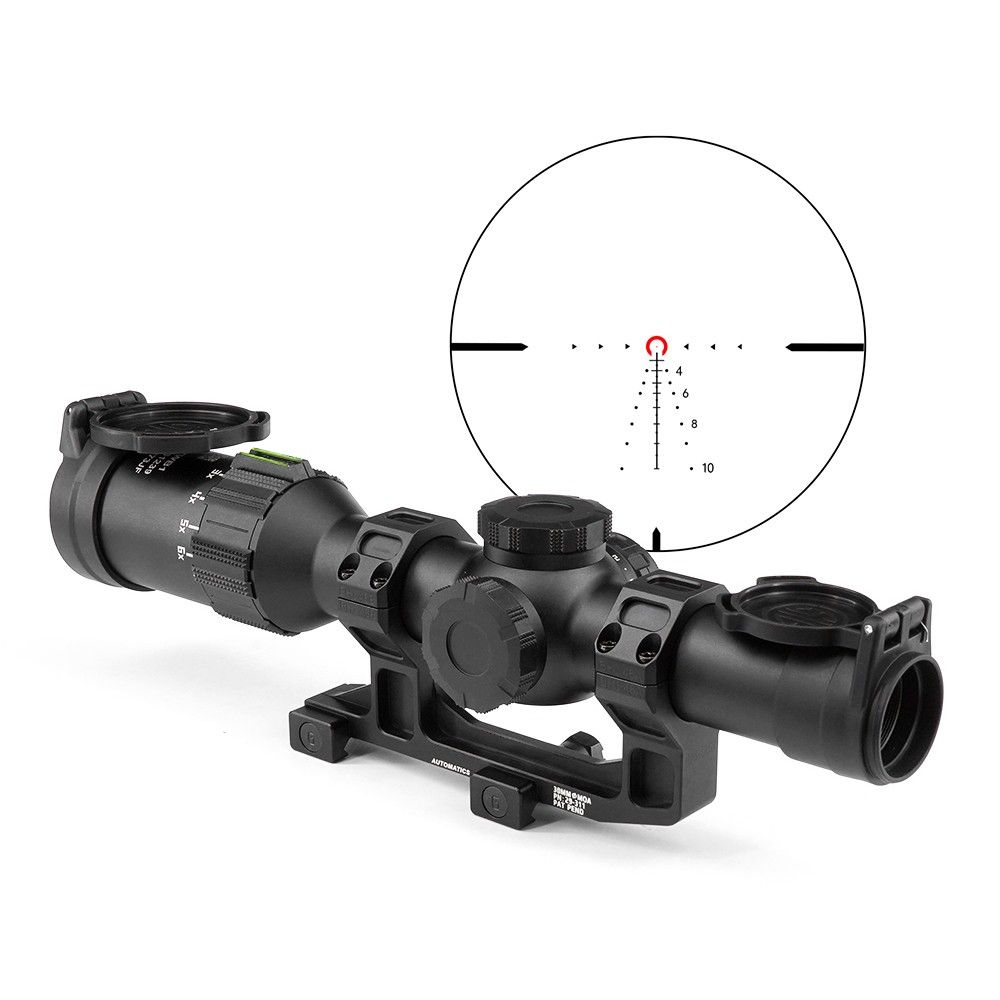 A 1-6x LPVO on a cantilever mount shown alongside a reticle diagram with a red illuminated center circle and MOA drop dots.