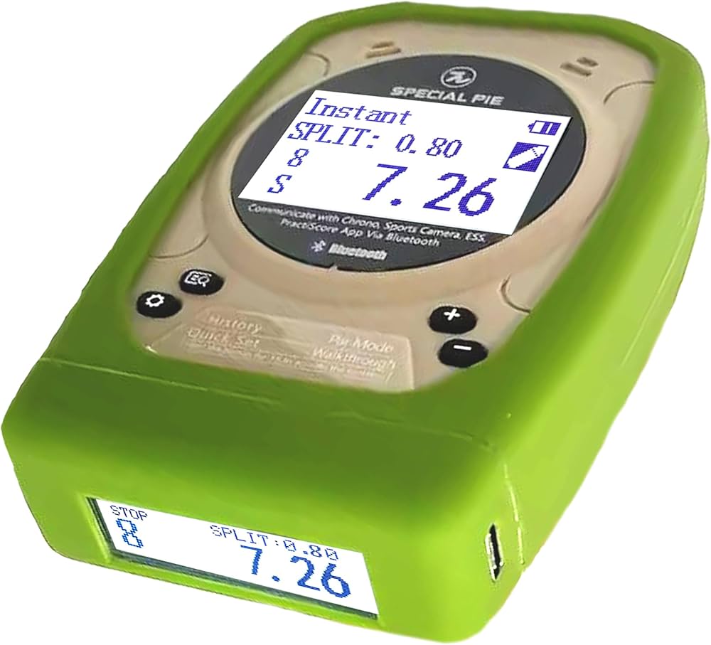 Special Pie shot timer in a green silicone case showing split and total run times on dual LCD screens.