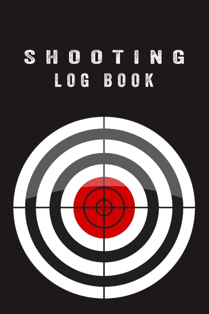Cover of a shooting log book featuring a black background, concentric target rings, and crosshair graphic with the title 'Shooting Log Book' in white text.