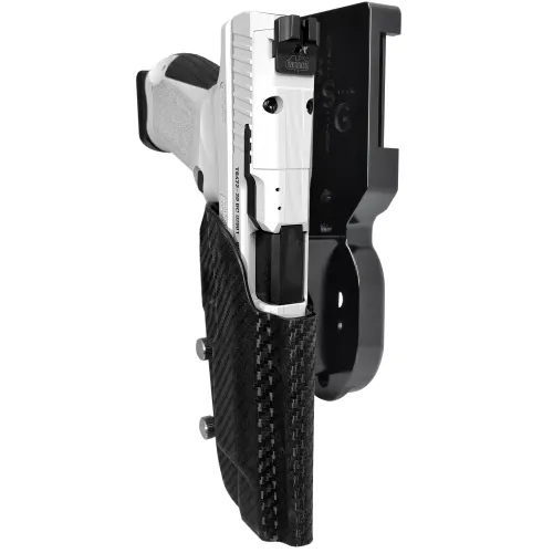 The adjustable rear sight and fiber optic front sight of the Canik TP9 SFX.