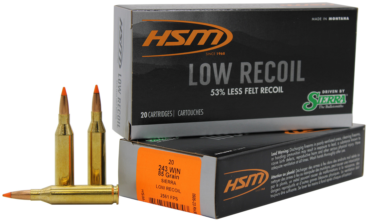 Two boxes of HSM Low Recoil .243 Winchester 85-grain Sierra ammunition with two loose cartridges displayed in front