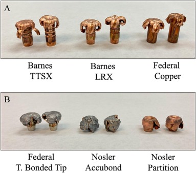 Six expanded hunting bullets arranged in two rows showing terminal expansion: Barnes TTSX, Barnes LRX, Federal Copper, Federal Terminal Bonded Tip, Nosler AccuBond, and Nosler Partition.