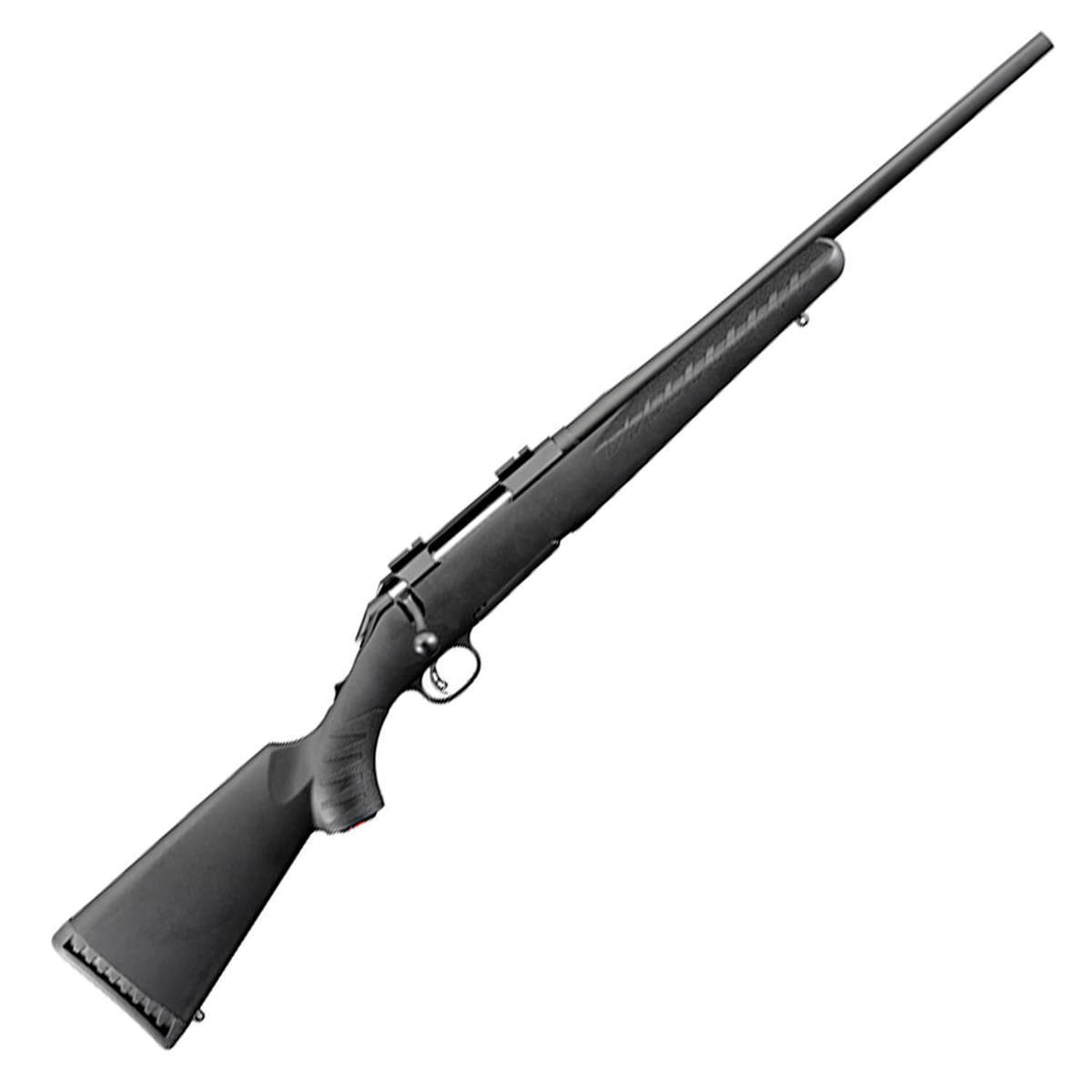 Ruger American Compact bolt-action rifle with black synthetic stock and blued barrel on white background.