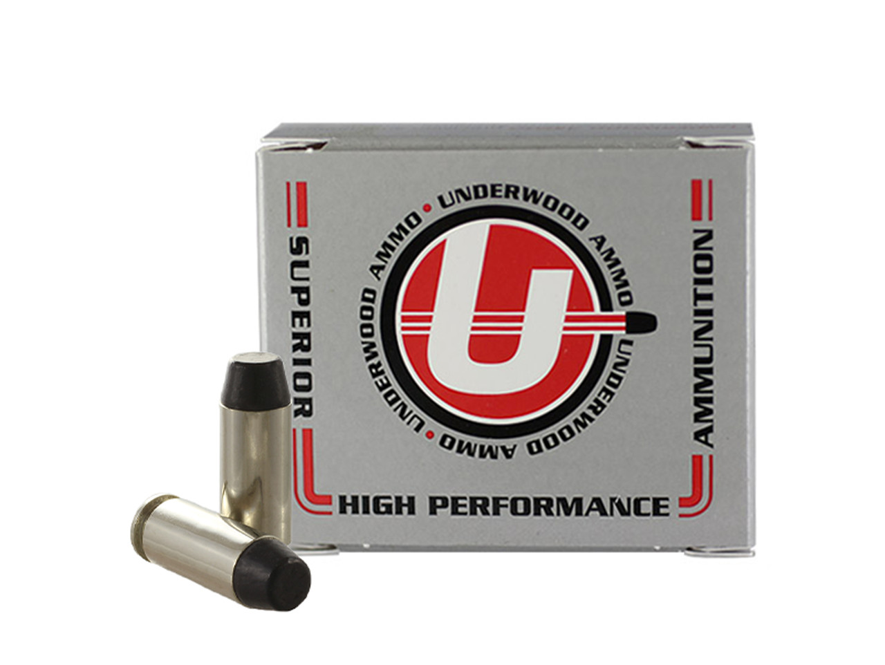Box of Underwood Ammo high performance ammunition with two hardcast flat-nose pistol cartridges in front of it.