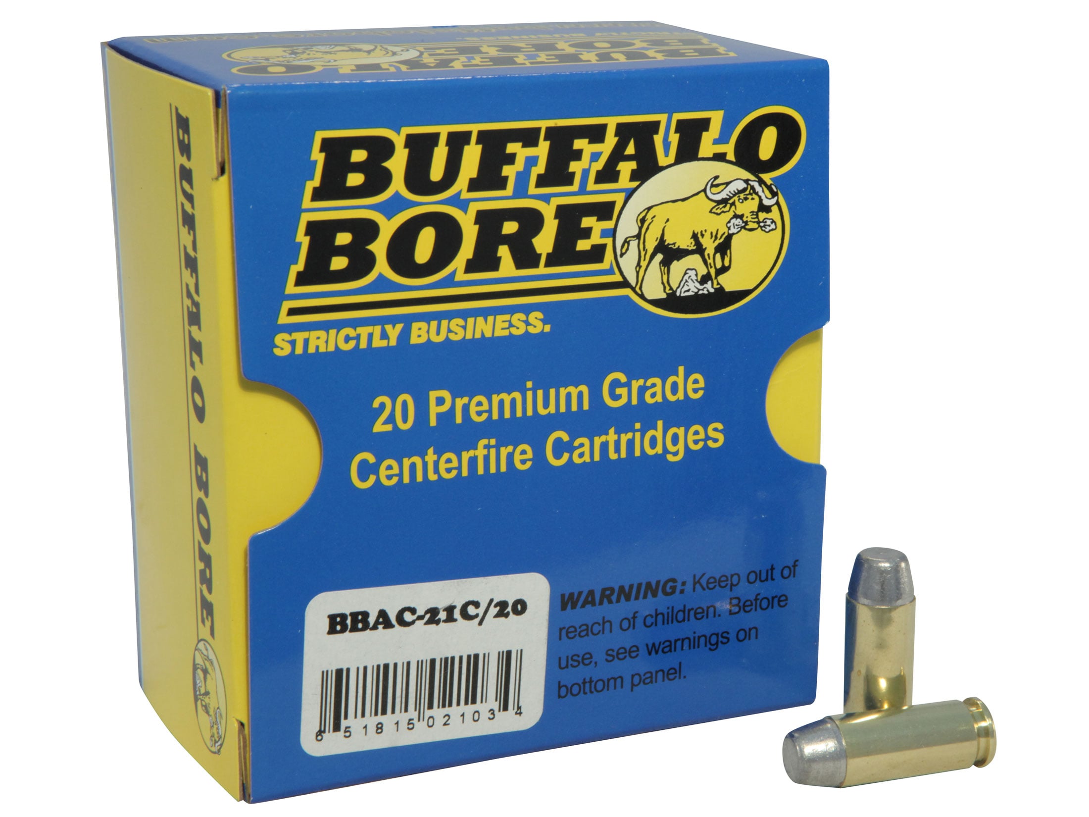 Box of Buffalo Bore premium grade centerfire cartridges (BBAC-21C/20) with two hardcast lead bullets displayed beside it.