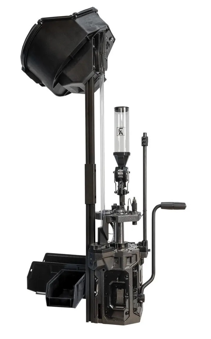 Frankford Arsenal X-10 progressive reloading press with large case feeder collator mounted on top, powder measure with clear tube, operating handle on the right, and small parts bins on the left side of the base.