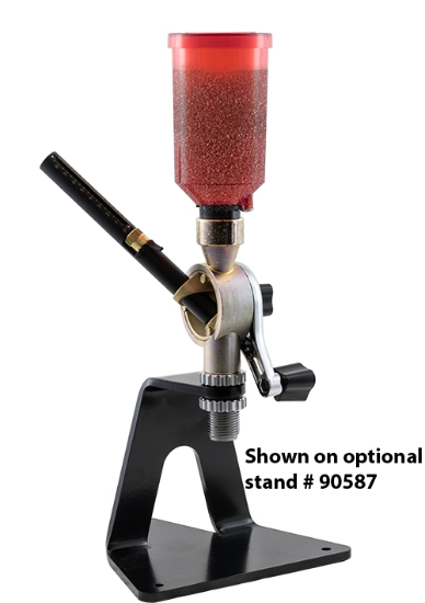 A reloading powder measure with a red transparent hopper and micrometer adjustment, mounted on a black metal stand labeled as optional stand number 90587.