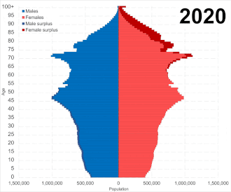 Population pyramid chart for Japan in 2020, showing male population in blue on the left and female population in red on the right, with the largest age groups concentrated between 45 and 75 years old.