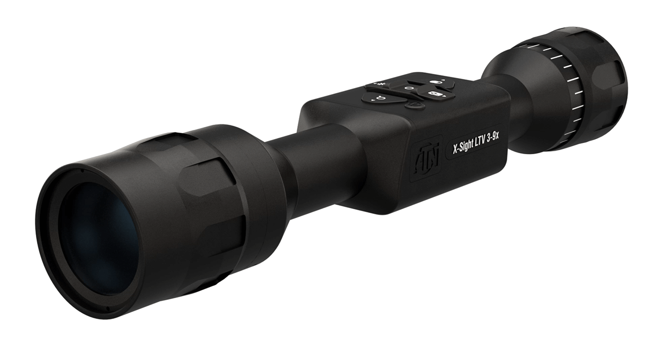 ATN X-Sight LTV 3-9x digital night vision rifle scope in matte black, shown on a white background.