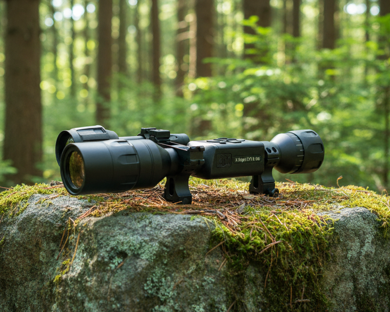 ATN X-Sight LTV digital night vision scope with rings, displayed on a mossy rock in a forest setting.