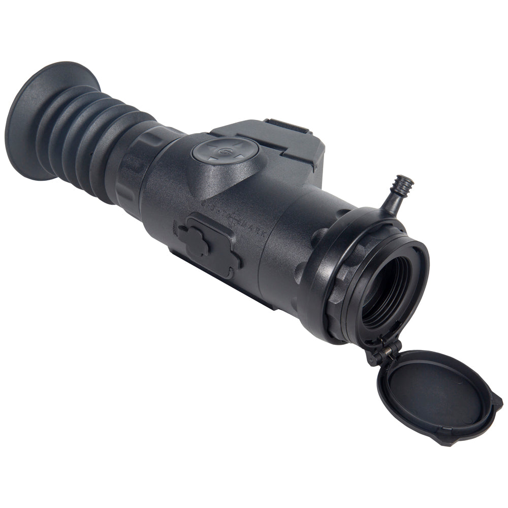 Black digital night vision riflescope shown at an angle with objective lens cap flipped open on a white background.
