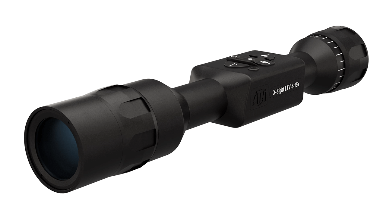 ATN X-Sight LTV 5-15x digital night vision rifle scope in matte black, isolated on white background, showing objective lens, control buttons, and eyepiece.