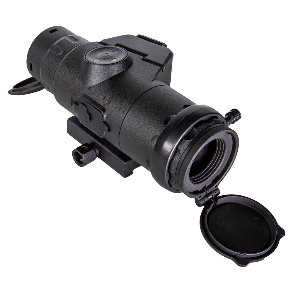 Black compact digital night vision scope with flip-open objective lens cap and Picatinny rail mount, shown on white background.