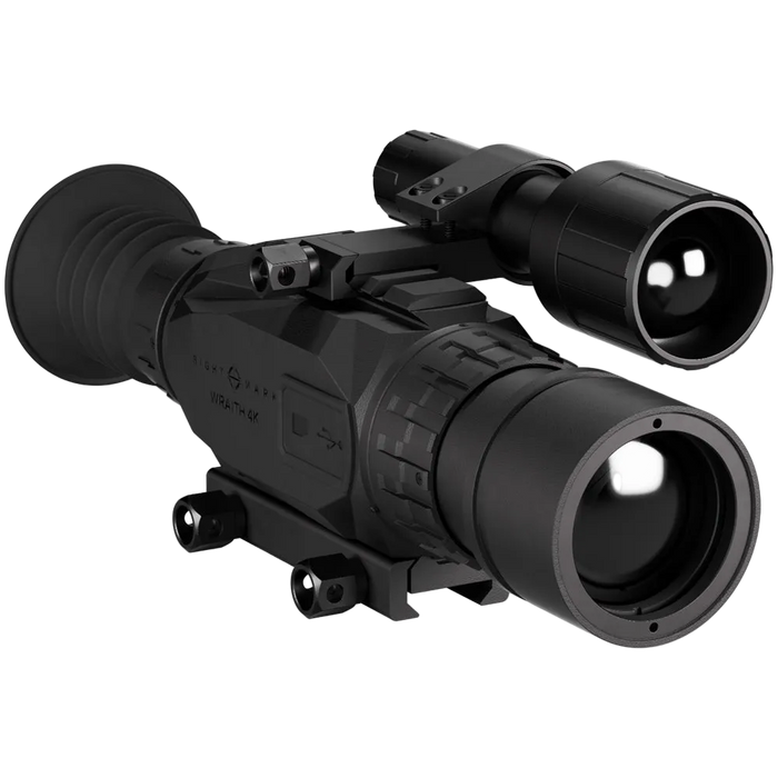 Sightmark Wraith 4K digital night vision rifle scope in matte black with a clip-on thermal monocular attachment, shown on a Picatinny mount against a white background.