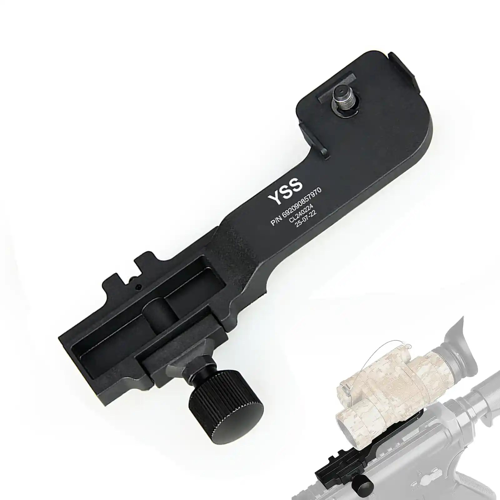 YSS brand Picatinny rail offset mount adapter for night vision devices, shown standalone and mounted on a rifle with a night vision monocular in an inset photo.