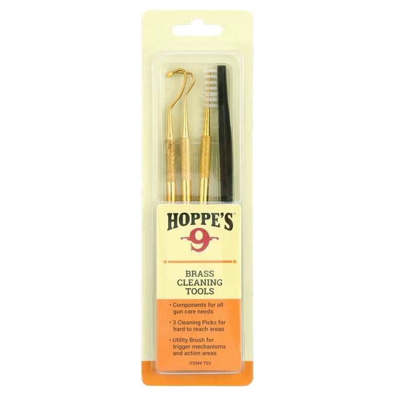 Hoppe's No. 9 Brass Cleaning Tools kit in retail packaging, containing three brass-handled picks and a utility brush.