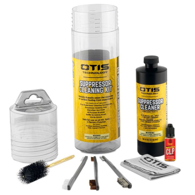 Otis Technology Suppressor Cleaning Kit laid out showing soaking tube, cleaner concentrate bottle, brushes, microfiber cloth, and CLP bottle on white background.
