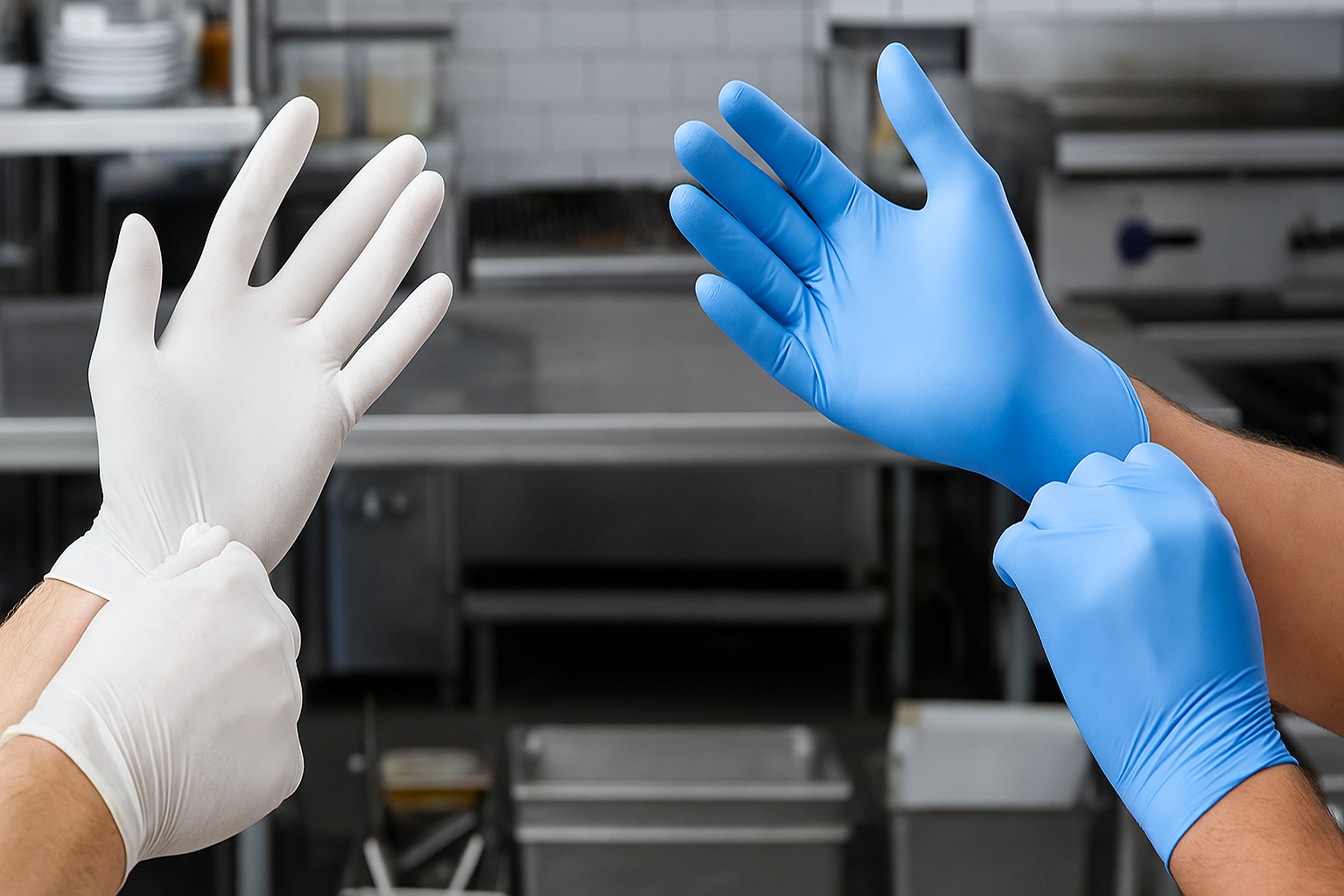 Two hands wearing disposable gloves, one white latex, one blue nitrile, raised in a commercial kitchen setting.